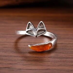 Fox ring with amber tail 5, 6, 7, 8, 9 adjustable size silver metal orange gift